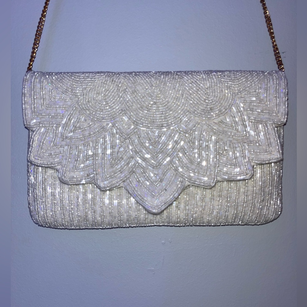 Elegant White Beaded Clutch
